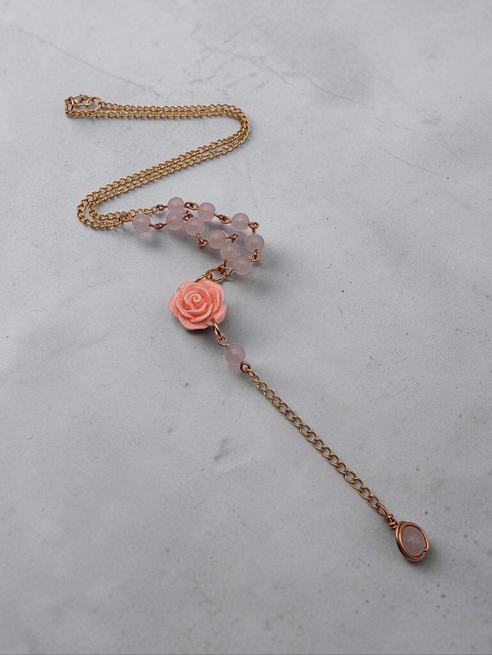 Rose Pendant Lariat Necklace Pink Rose Quartz Beaded Elegant Jewelry